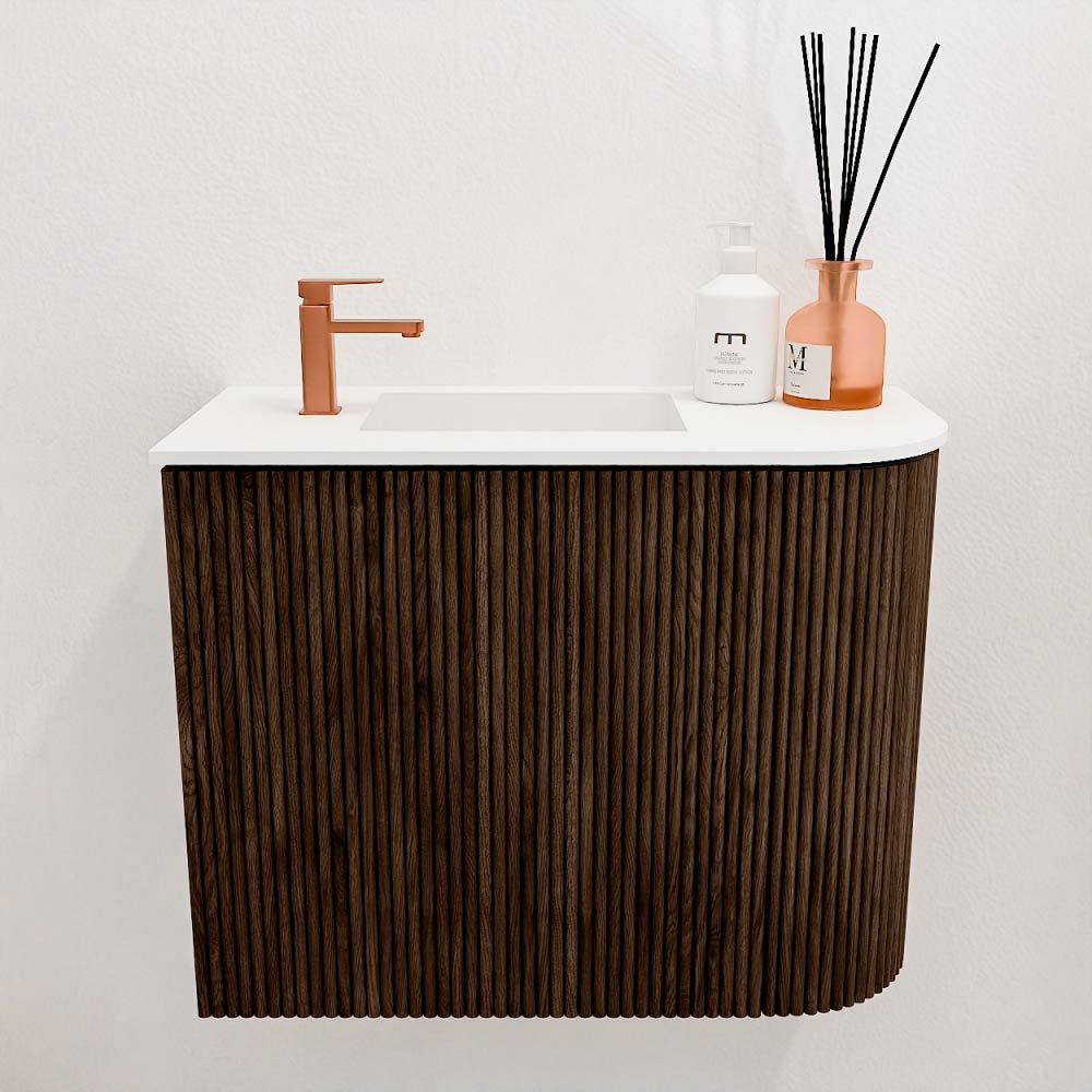 Mondiaz Joya 50cm toiletmeubel ronding rechts walnut met wastafel faye links 1 kraangat talc