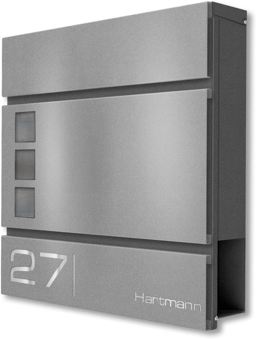 Metzler Briefkasten in Graualuminium RAL 9007 Cube - Name & Hausnummer als Lasergravur - Design Wandbriefkasten inkl. Zeitungsfach - Briefkasten mit Fenster - Größe: 37 x 37 x 10,5 cm