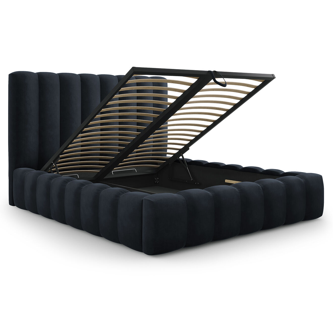 Milo Casa Lit Coffre en Velours avec Tête de Lit Gina bleu foncé - 180x200 cm