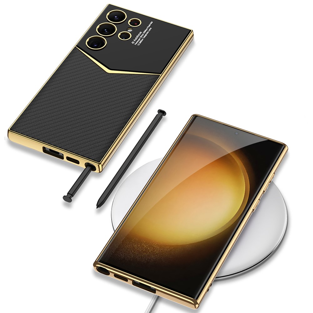 Samsung Galaxy S24 Ultra Leder Hardcase Hülle mit Galvanisiertem Rahmen   Kameraschutz - Gold / Lila