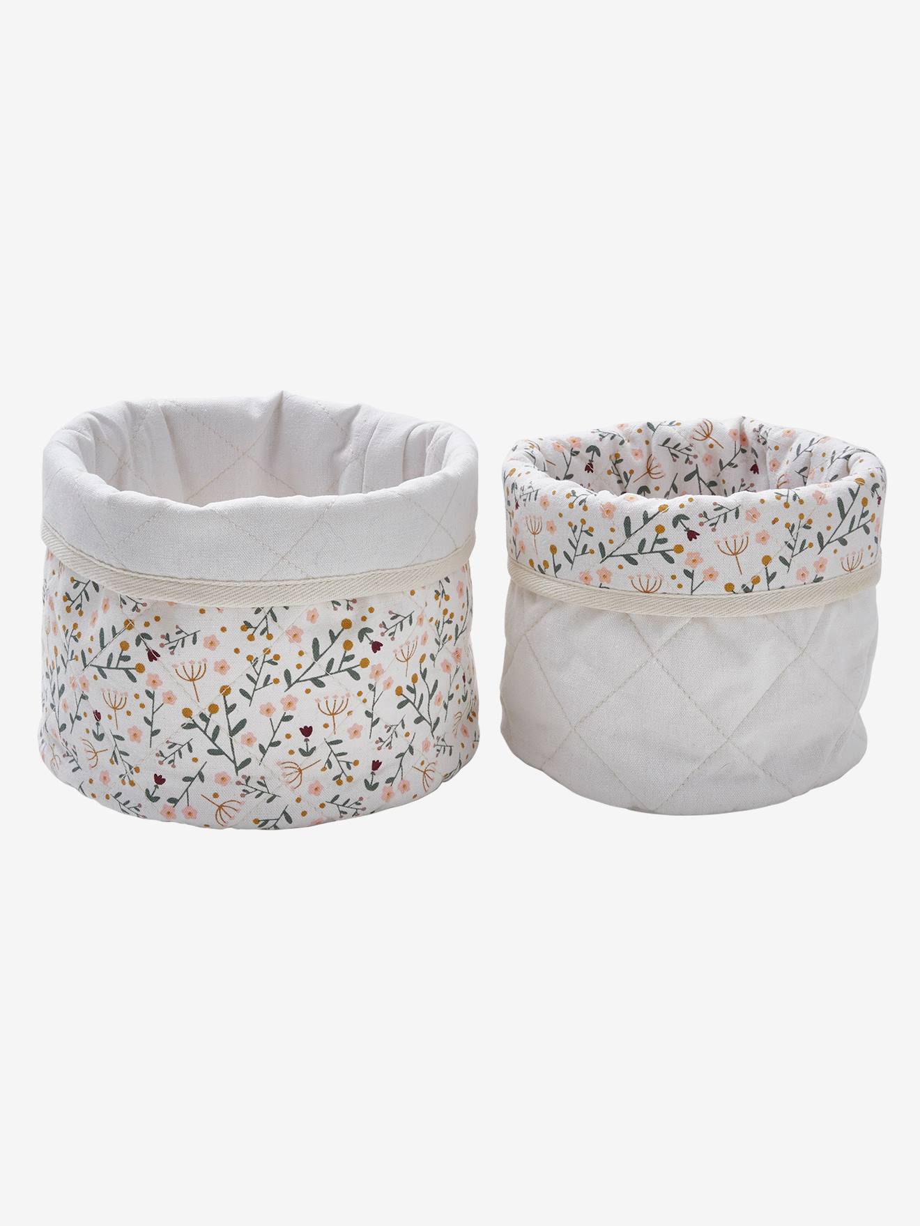 Conjunto de 2 cestos reversíveis, flores bege claro, bicolor/multicolorido