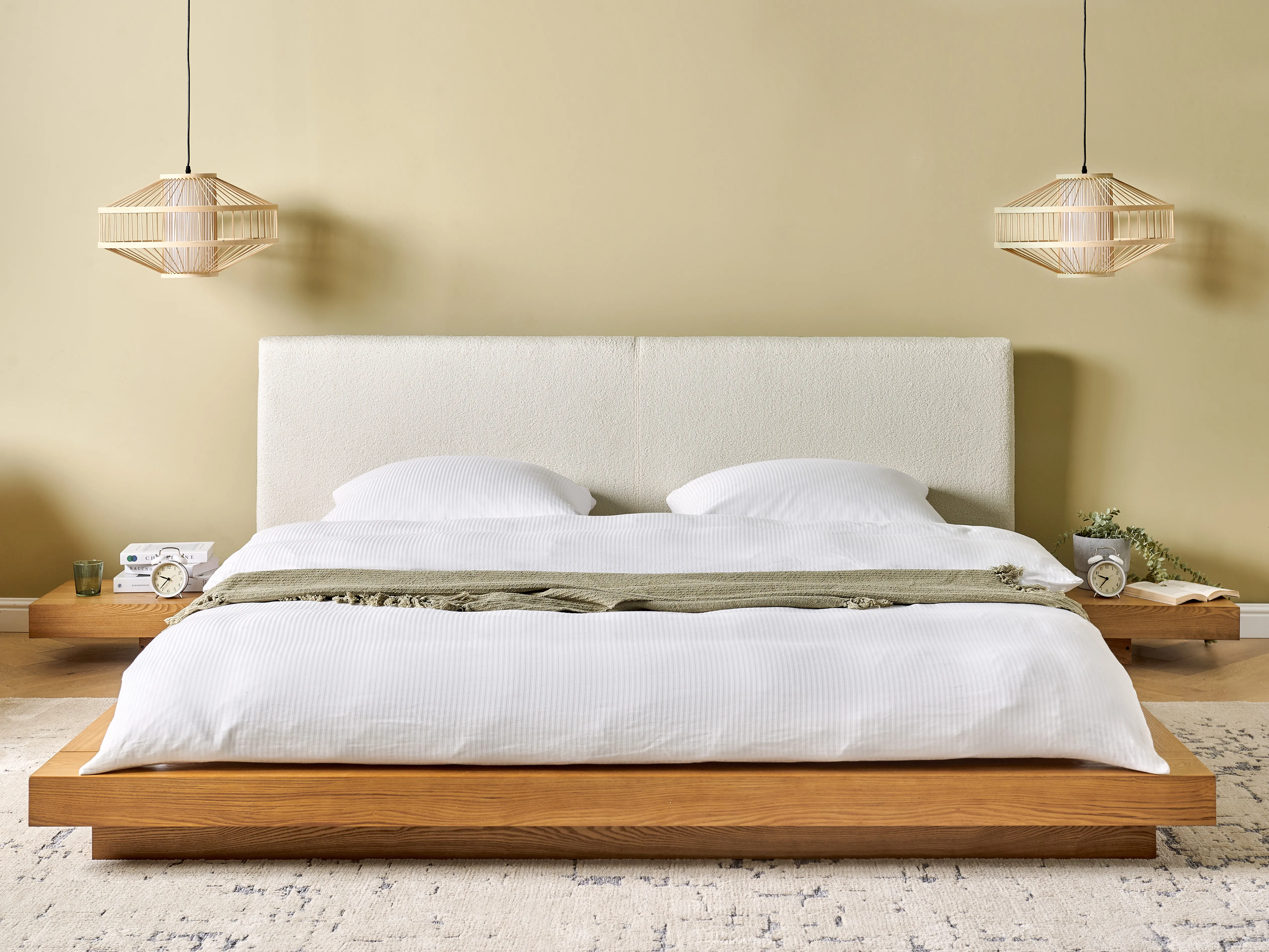 Bed Bouclé ZEN 180 x 200 cm Natuurlijk essenhout