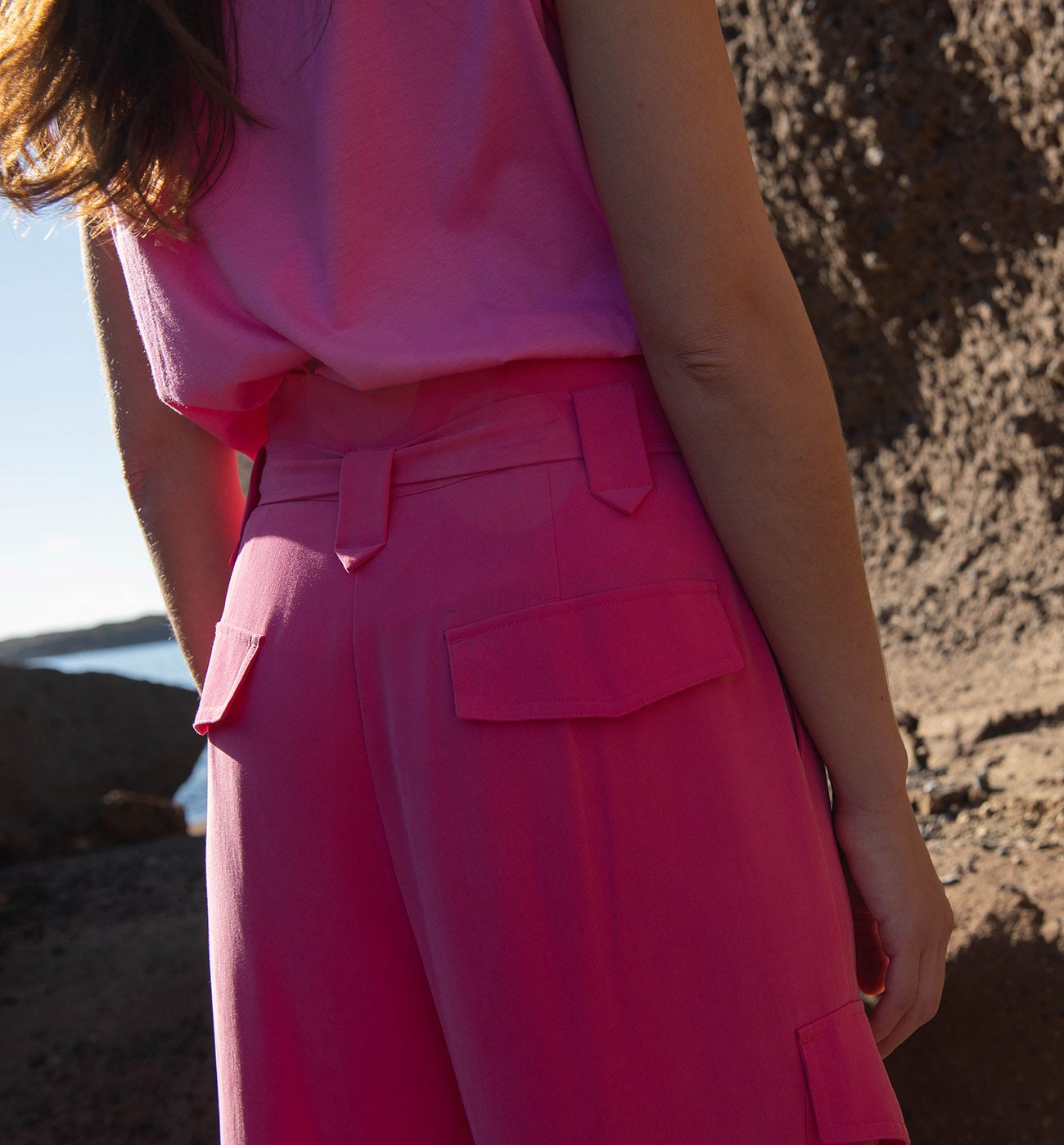 Pantalon cargo taille haute - Rose