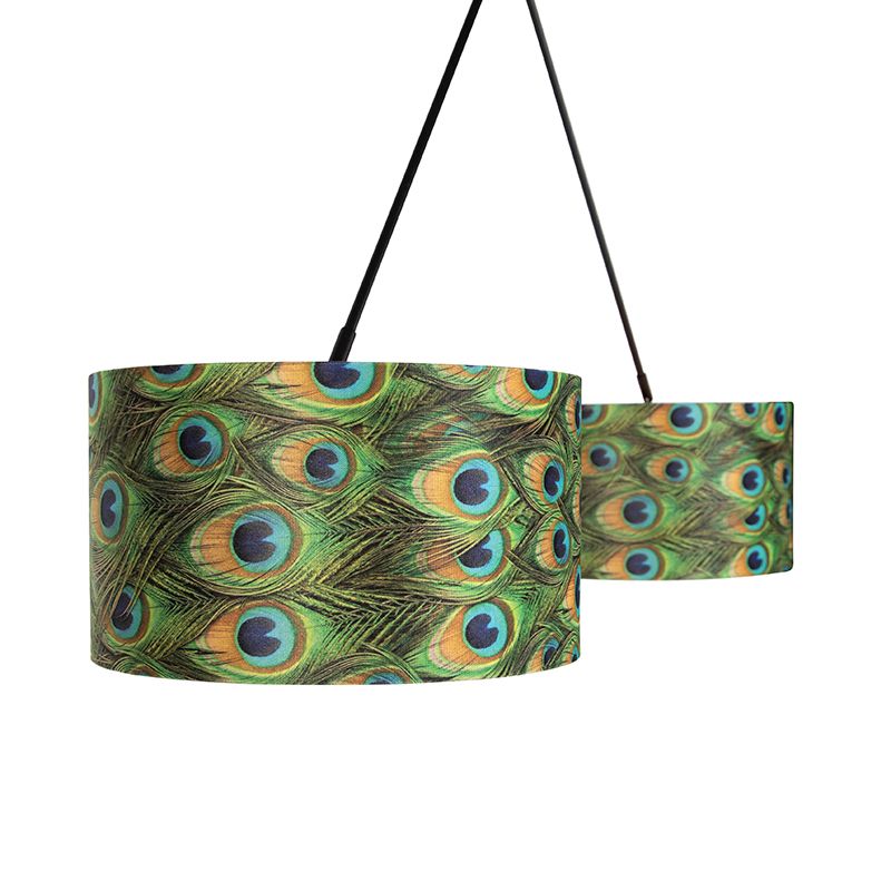 Hanglamp zwart met velours kappen pauw met goud 35 cm 2-lichts - Blitz