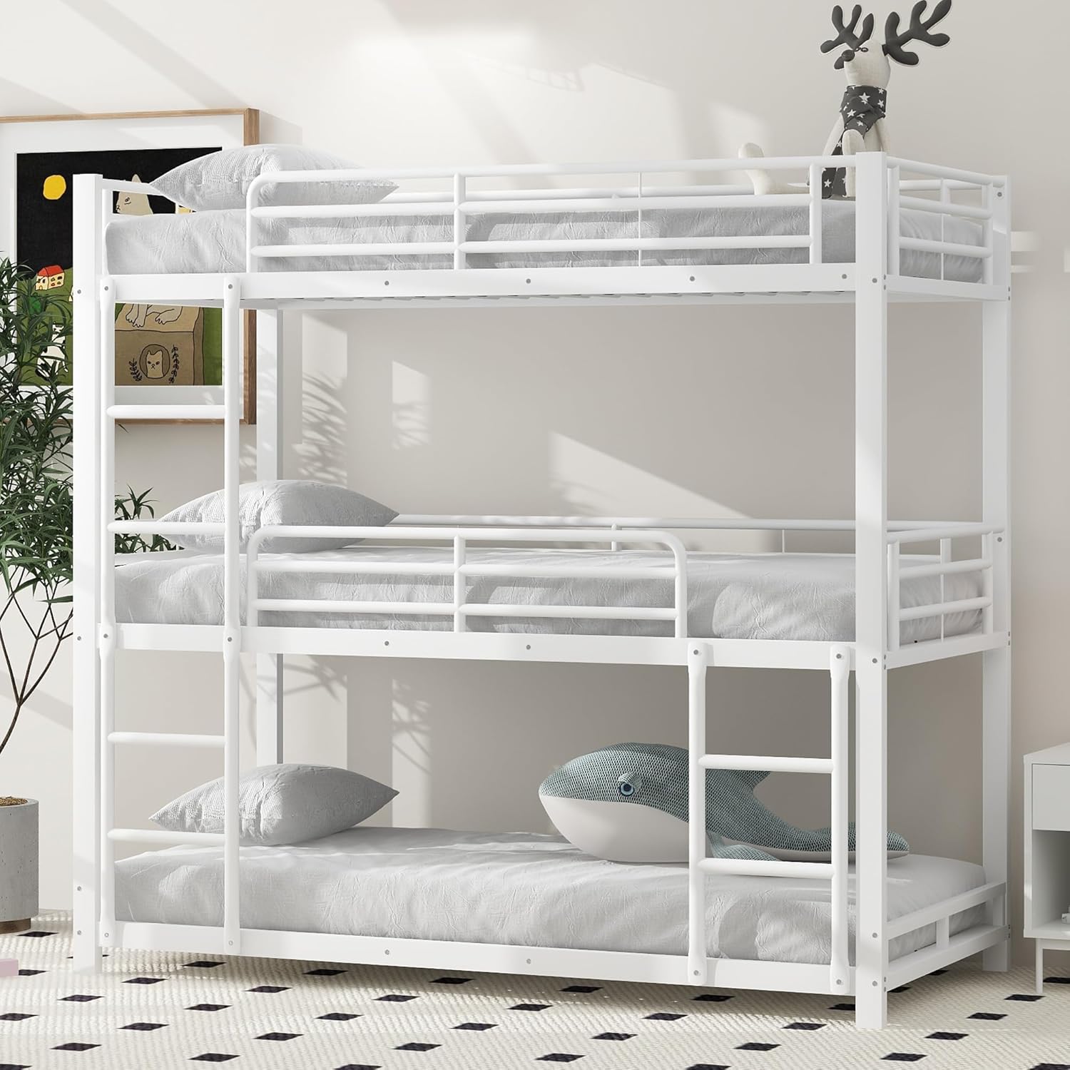 90x200cm Bettgestell Metallbett,Etagenbett,Eisenbett, Dreifach-Etagenbett für Kinder, Jugendliche und Erwachsene (Weiß)