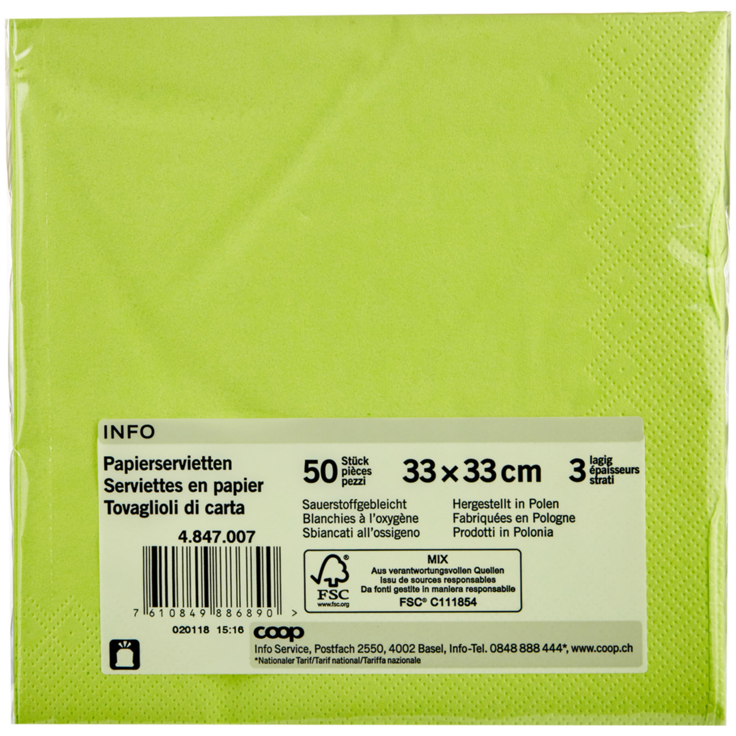 Inhouse Servietten limettengrün 33cm 50 Stück