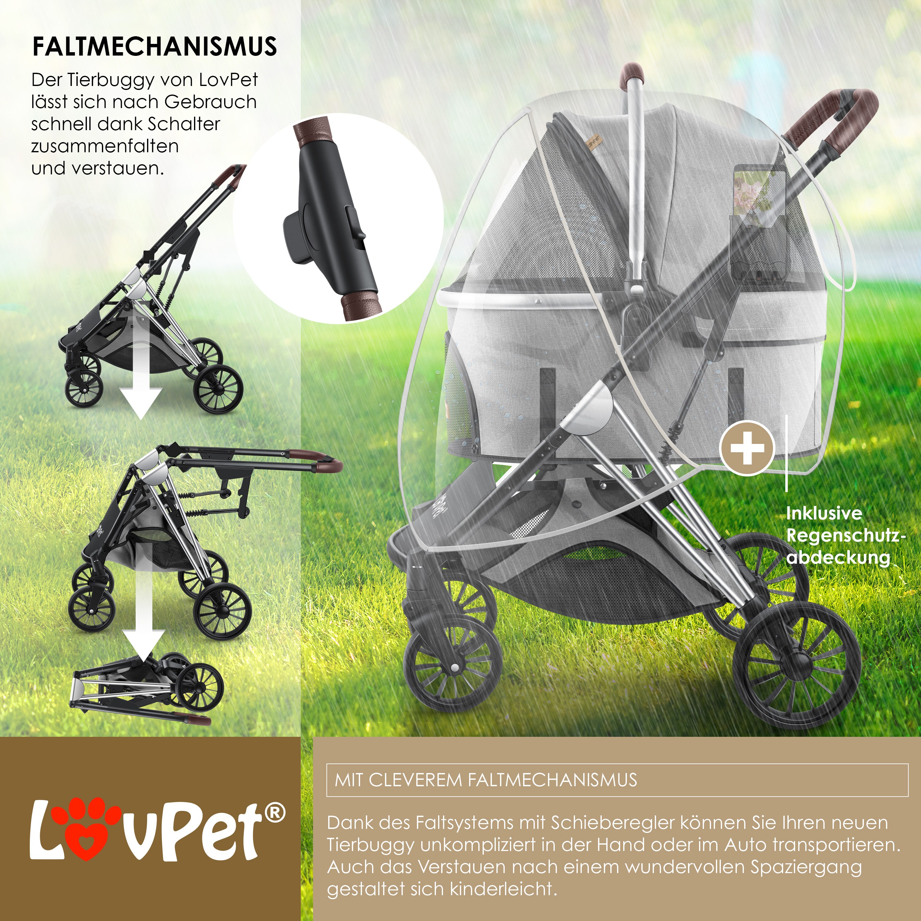 LOVPET® Hundewagen 3in1 Hundebuggy Hundebox Transporttasche 360° Große Räder Faltbar klappbar Haustiere Buggy mit Netzfenstern & Regenschutzabdeckung Jogger Katzenbuggy für kleine Hunde Katzen