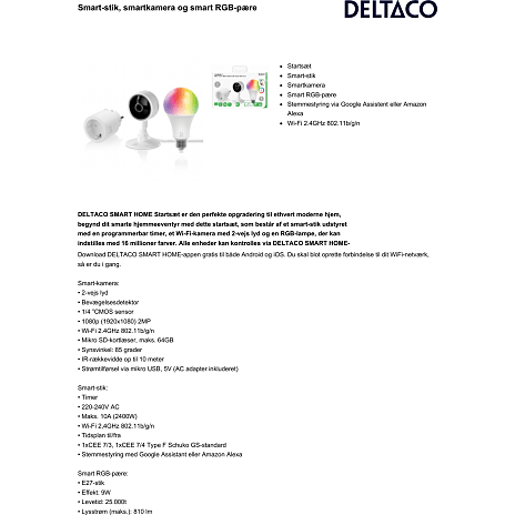 Deltaco Smart starterpakke med 1 RGB pære, 1 stik og 1 kamera