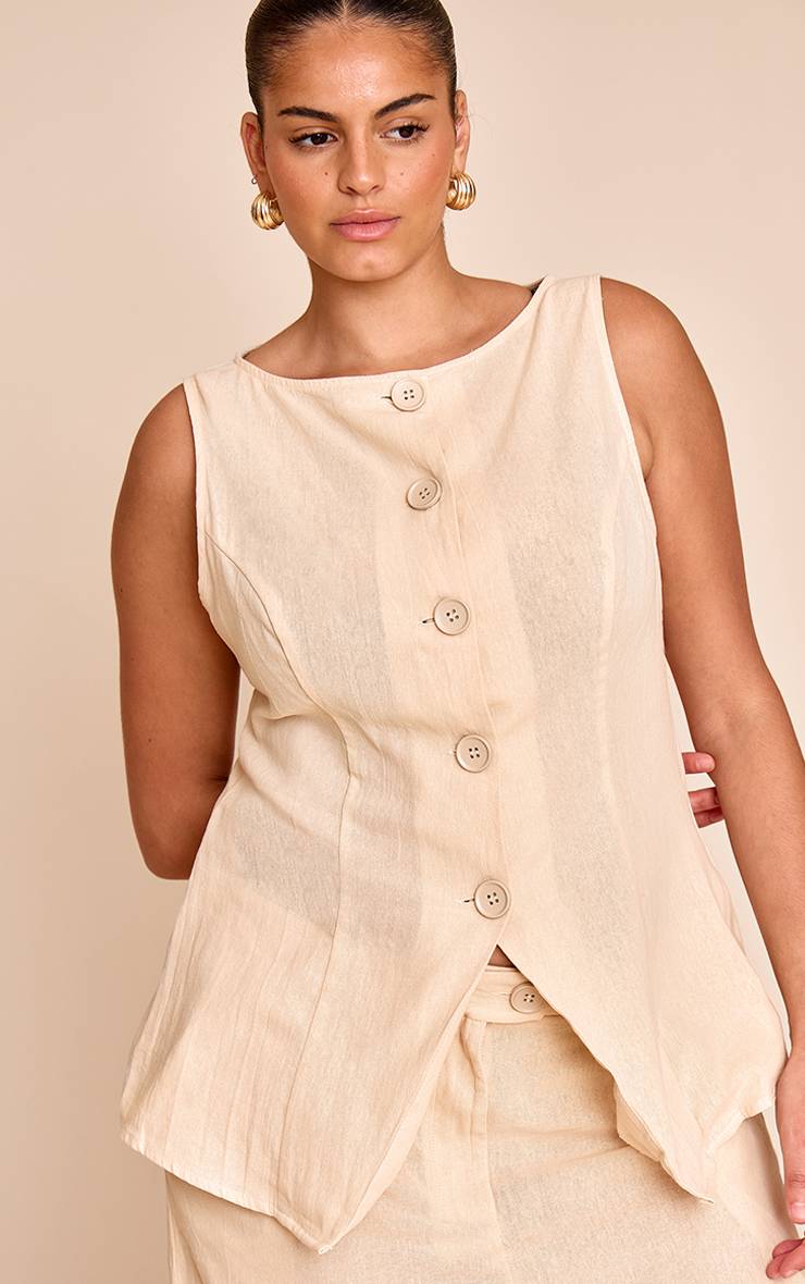 Sable Gilet Grande Taille Rayé Aspect Lin Col Bateau Avec Boutons Ensemble Coordonné