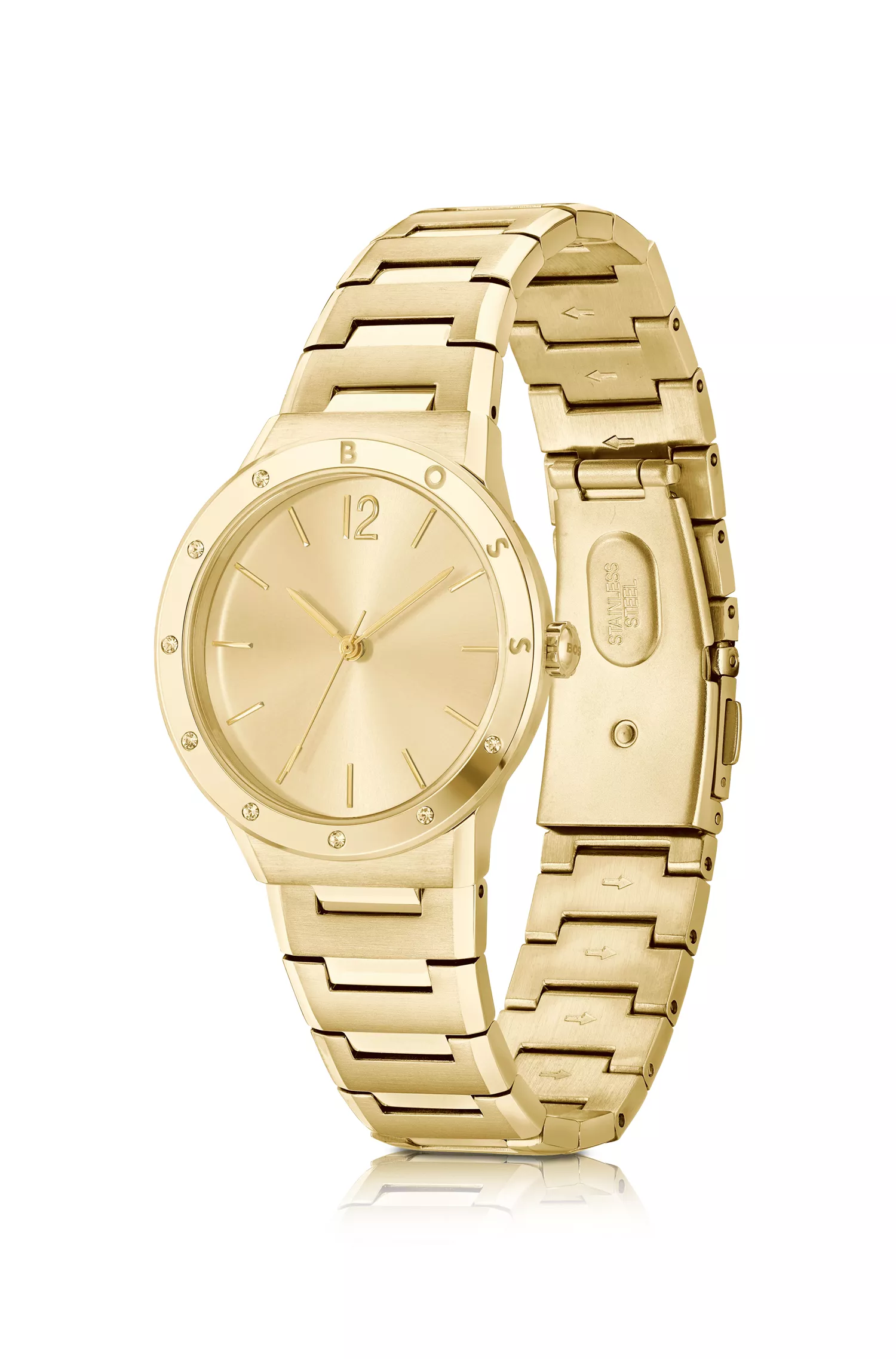 Relógio BOSS com pulseira Black Link em aço com tom de ouro amarelo.