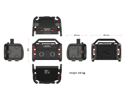 PerfectPro ROCKPRO bouwplaatsradio met DAB+ en FM-ontvangst, Bluetooth, inclusief oplader en geïntegreerde lithiumbatterij, AUX- en USB-ingang, IP65