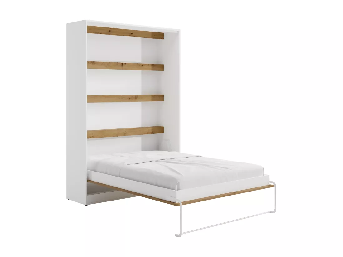 Lit escamotable 140 x 200 cm - Ouverture verticale manuelle - Avec LEDs - Blanc et naturel + Matelas - RAPILI