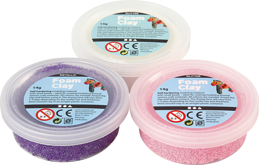 Foam Clay - Metallic Og Glitter Sæt - Pink, Lilla Og Hvid - 3X14 G