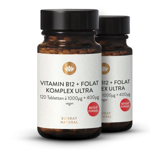 Sunday Natural Products  Vitamin B12 Mh3a ®+ Folsäure (folat)1000µg + 400µg
