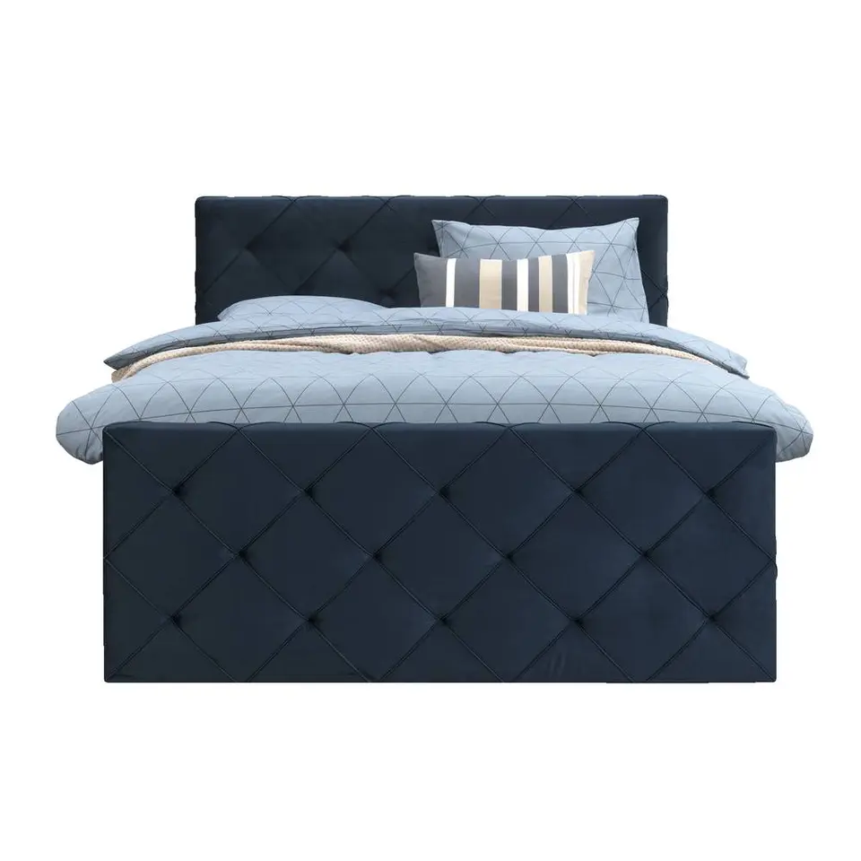 Boxspring met opbergruimte en voetbord Liv geruit - blauw - 180x200cm