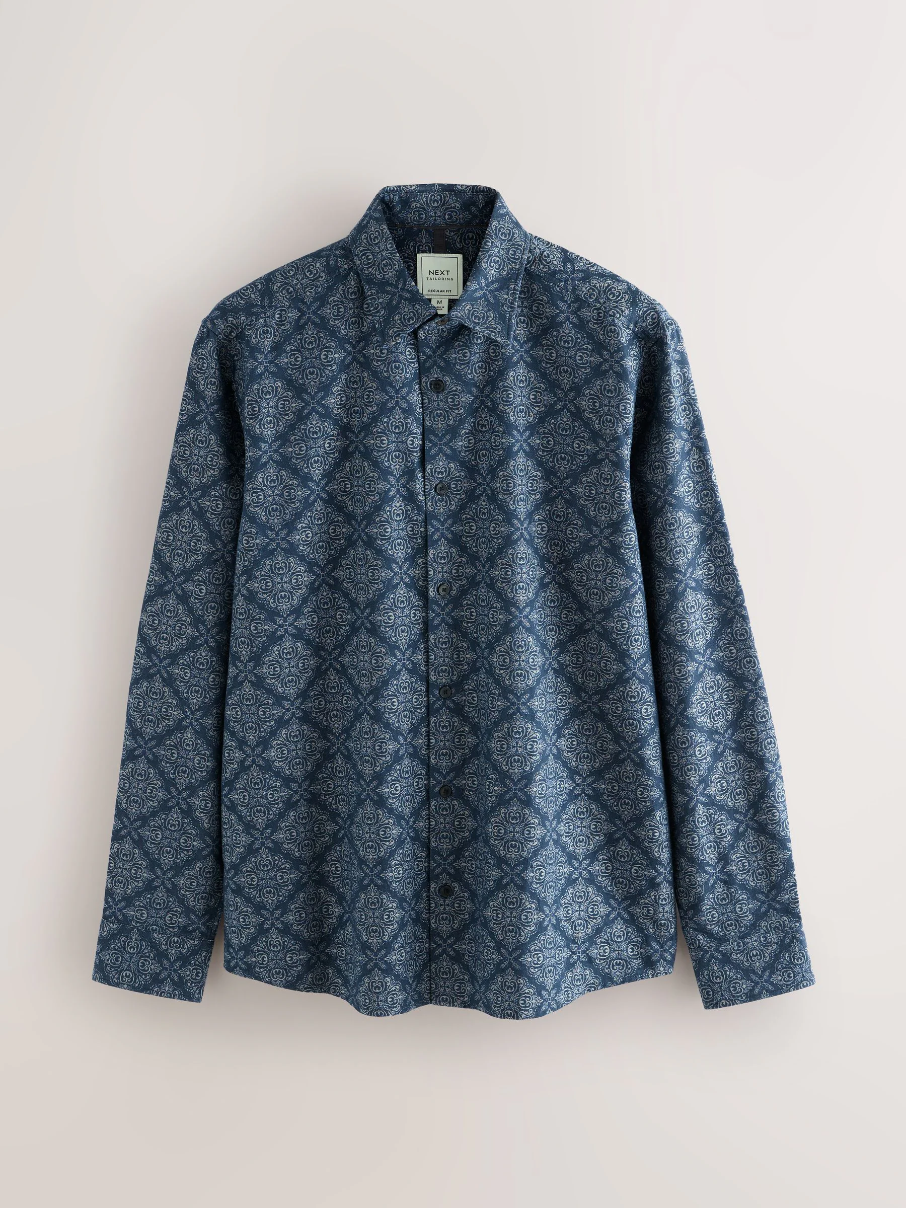 Marineblauw met ruitvormige print - Jaquard overhemd met lange mouwen