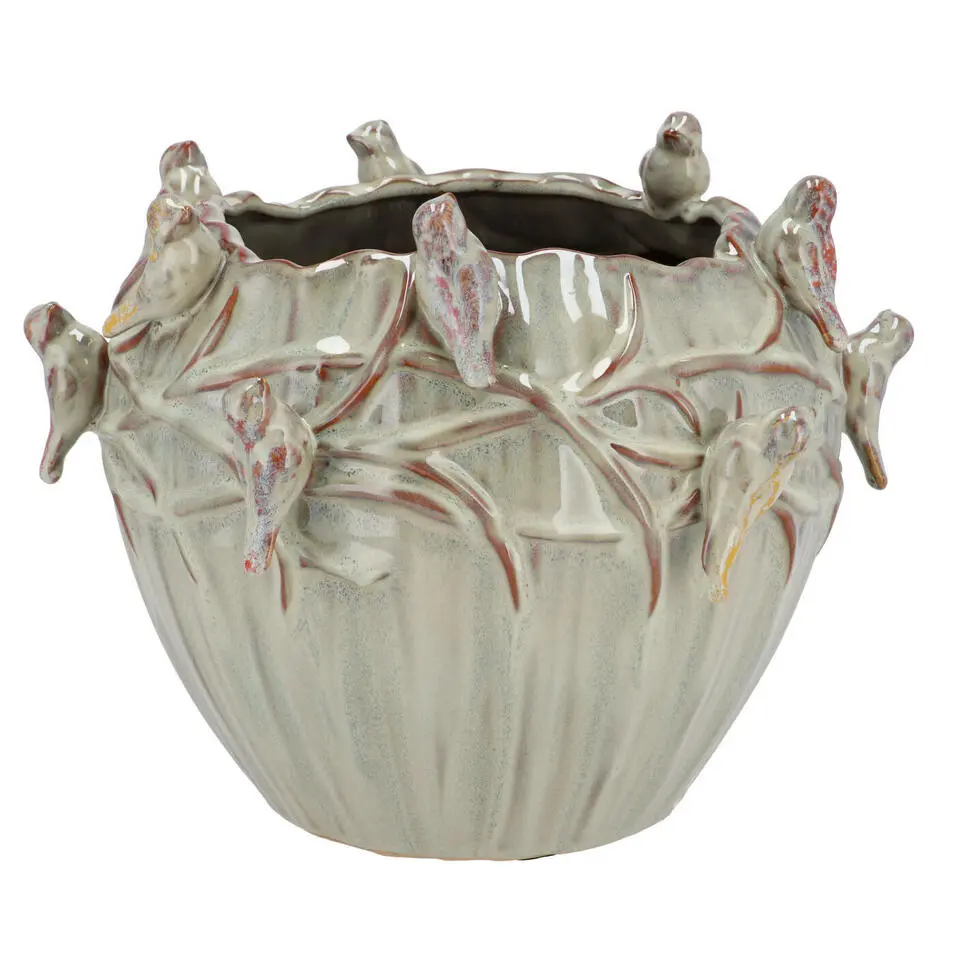 DK Design Bloempot/plantenpot Vogels - mosgroen - D26 x H20 cm