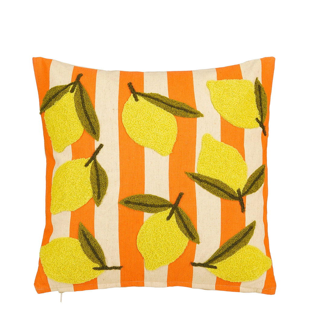 Coussin déco citron et rayures colorées 45x45cm