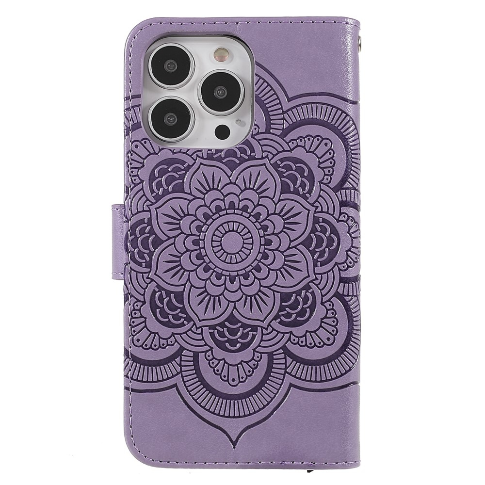 iPhone 13 Pro Leder Tasche Wallet - Mandala Flowers Imprint - Lila