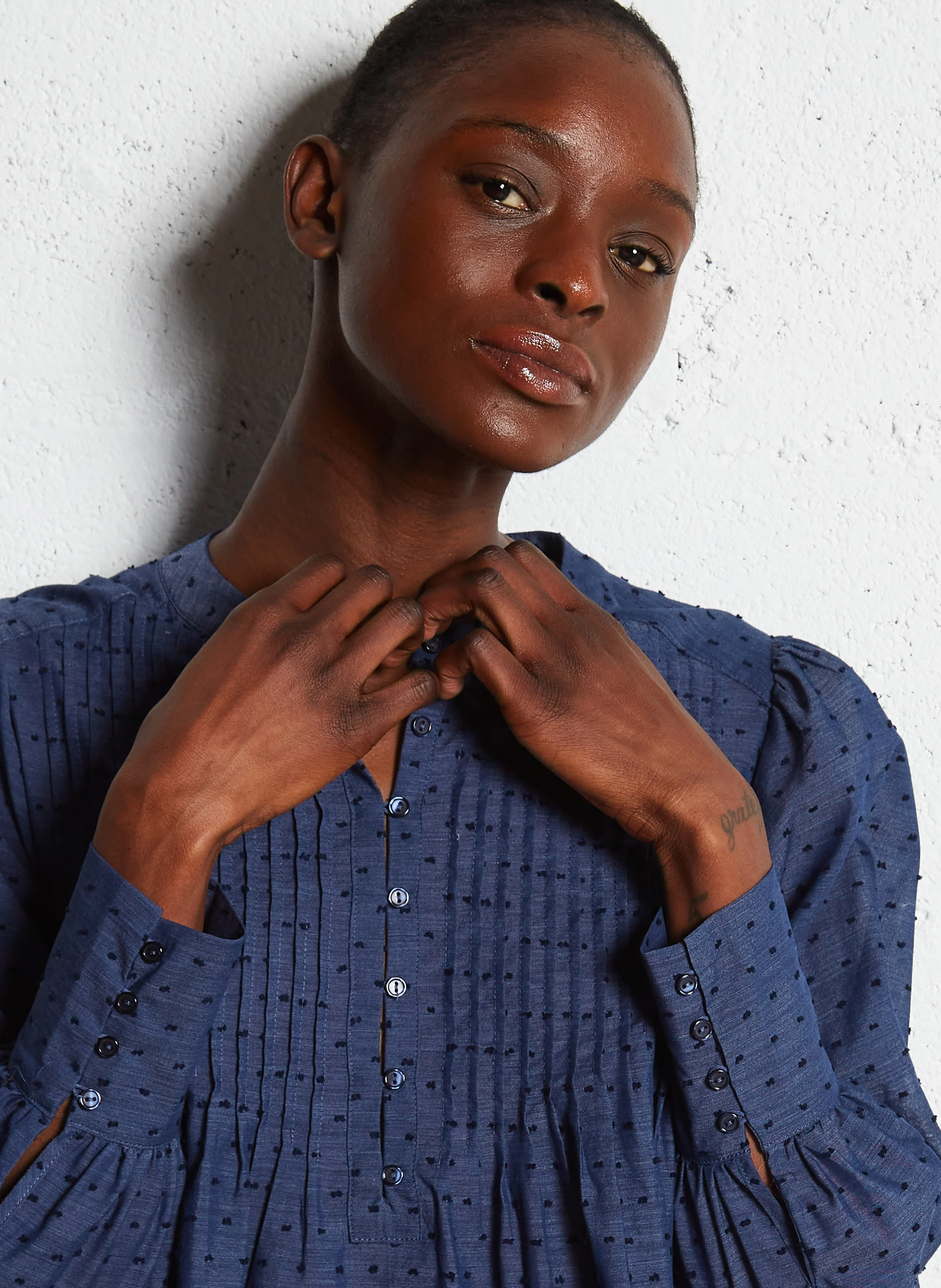 BILLIE - Blouse col rond en coton mélangé| Bleu
