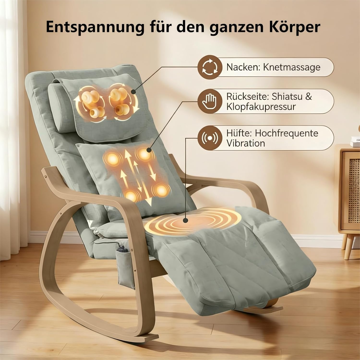 Massage Schaukelstuhl, Relaxsessel, Fernsehsessel mit 3 Zonen Massage, Massagesessel mit Waermefunktion verstellbare Kopfstuetzte und Fußstütze, Bezug abnehmbar 150kg belastbar, Beige