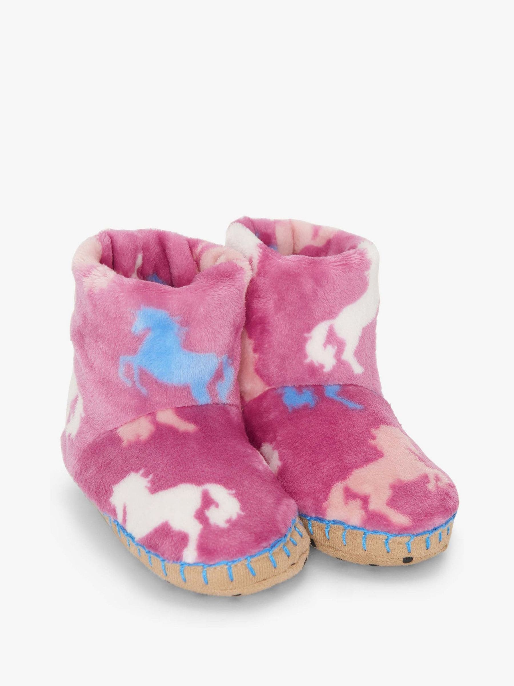 Hatley Pink Beautiful Horses Fuzzy Fleece Slippers