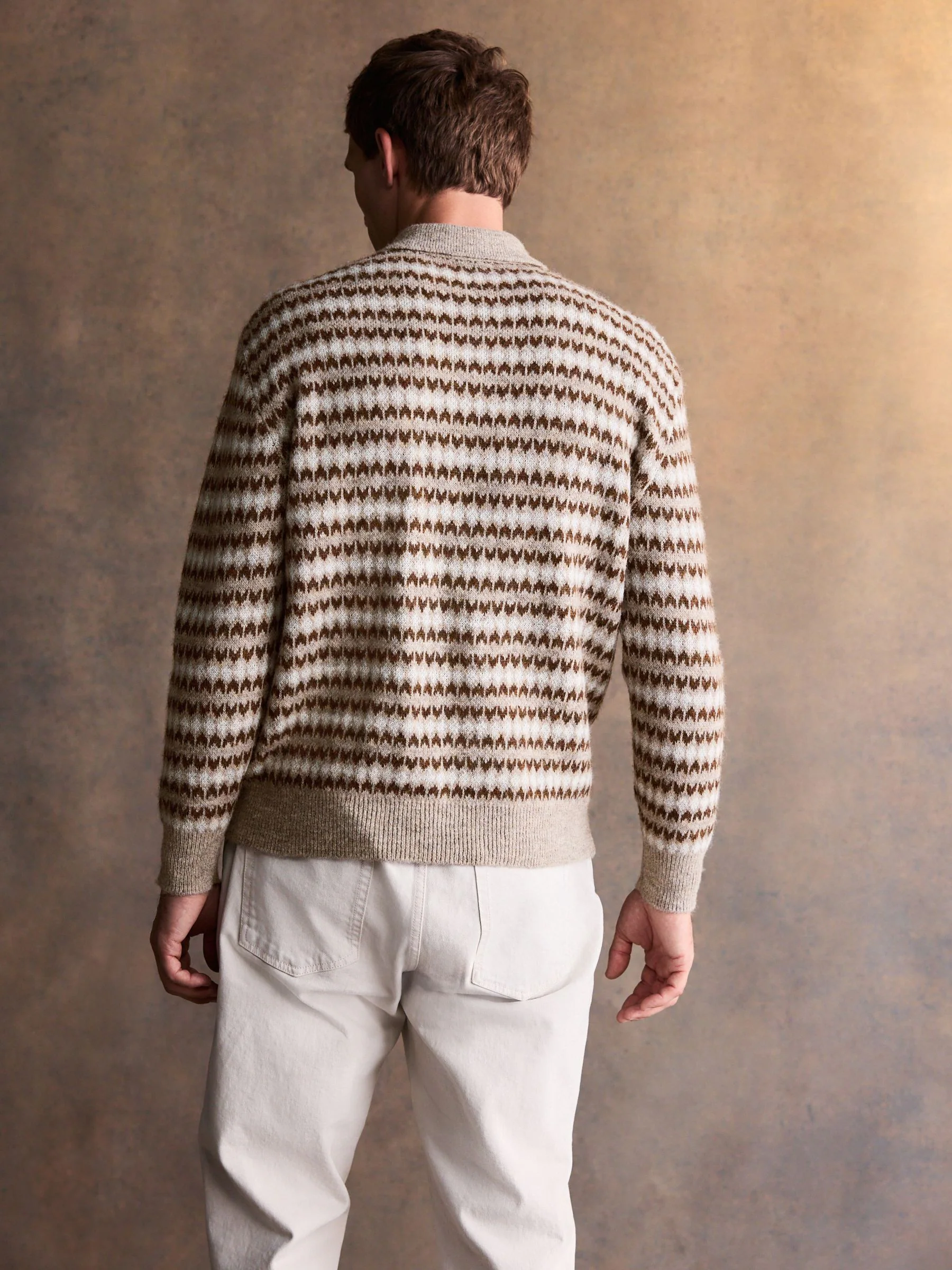 Neutraal - Regular fit poloshirt met fairisle-strepen, lange mouwen, gebreid met wol