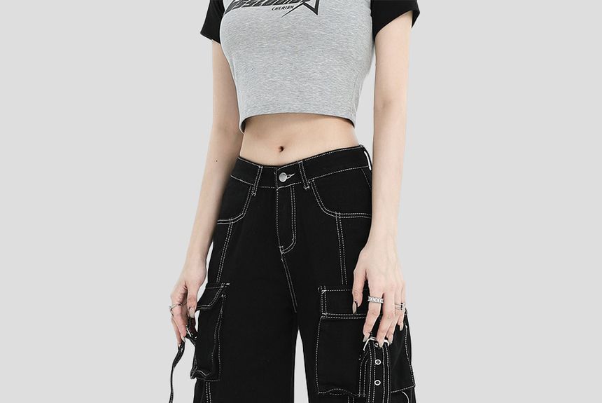 INStudio - Cargojeans met hoge taille en contrasterende bies, losse pasvorm en rechte pijpen