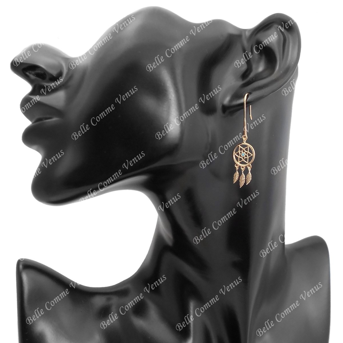 Boucles d'oreilles attrape-rêve perle bleu turquoise pendantes Plaqué OR 750 3 microns
