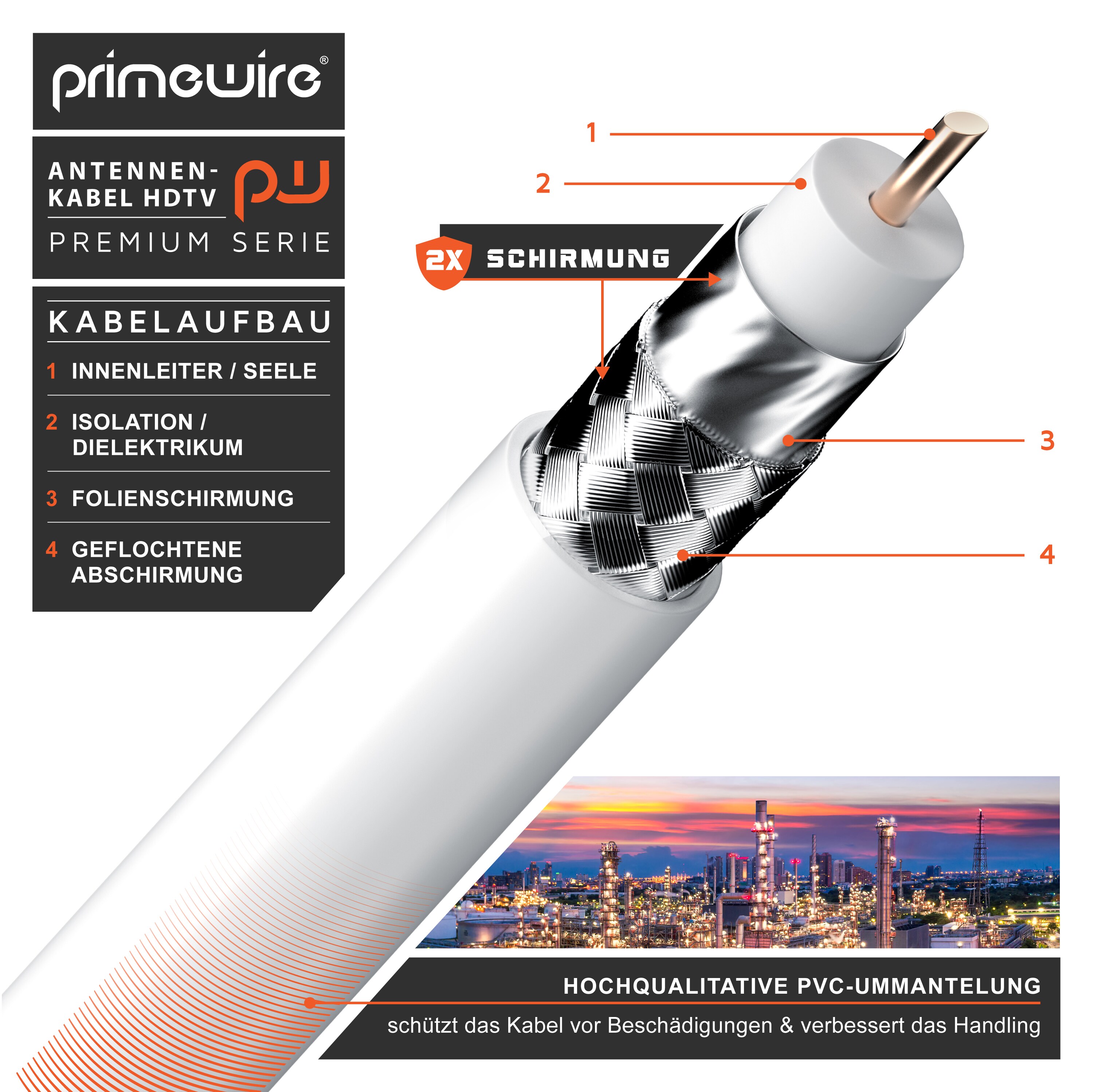 Primewire Antennenkabel gewinkelt - Koaxialkabel - Koax Kupplung 90° Winkel zu Stecker gerade - HDTV 75 Ohm - weiß - 3 m