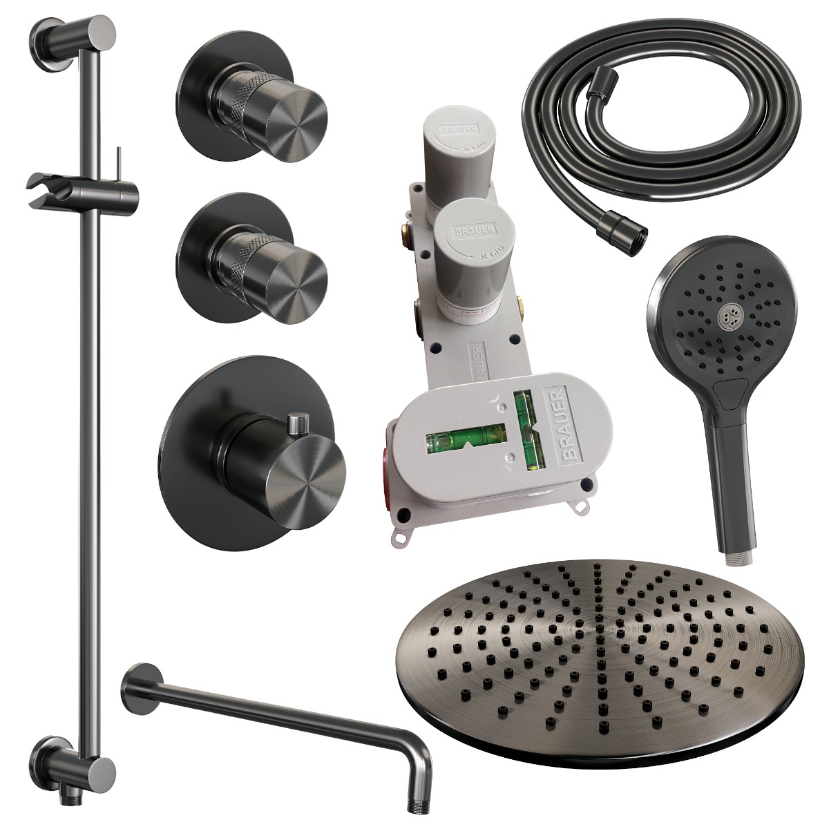 Brauer Gunmetal Edition complete inbouw regendouche met 3 standen handdouche, gebogen wandarm, glijstang en hoofddouche 30cm set 22 gunmetal geborsteld PVD