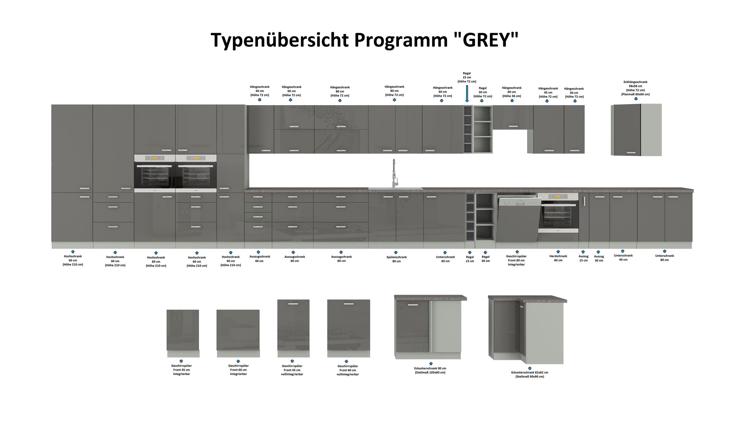 Küche Bianca Basic II 240 Küchenzeile Glanz Grau Küchenblock Einbauküche Grey