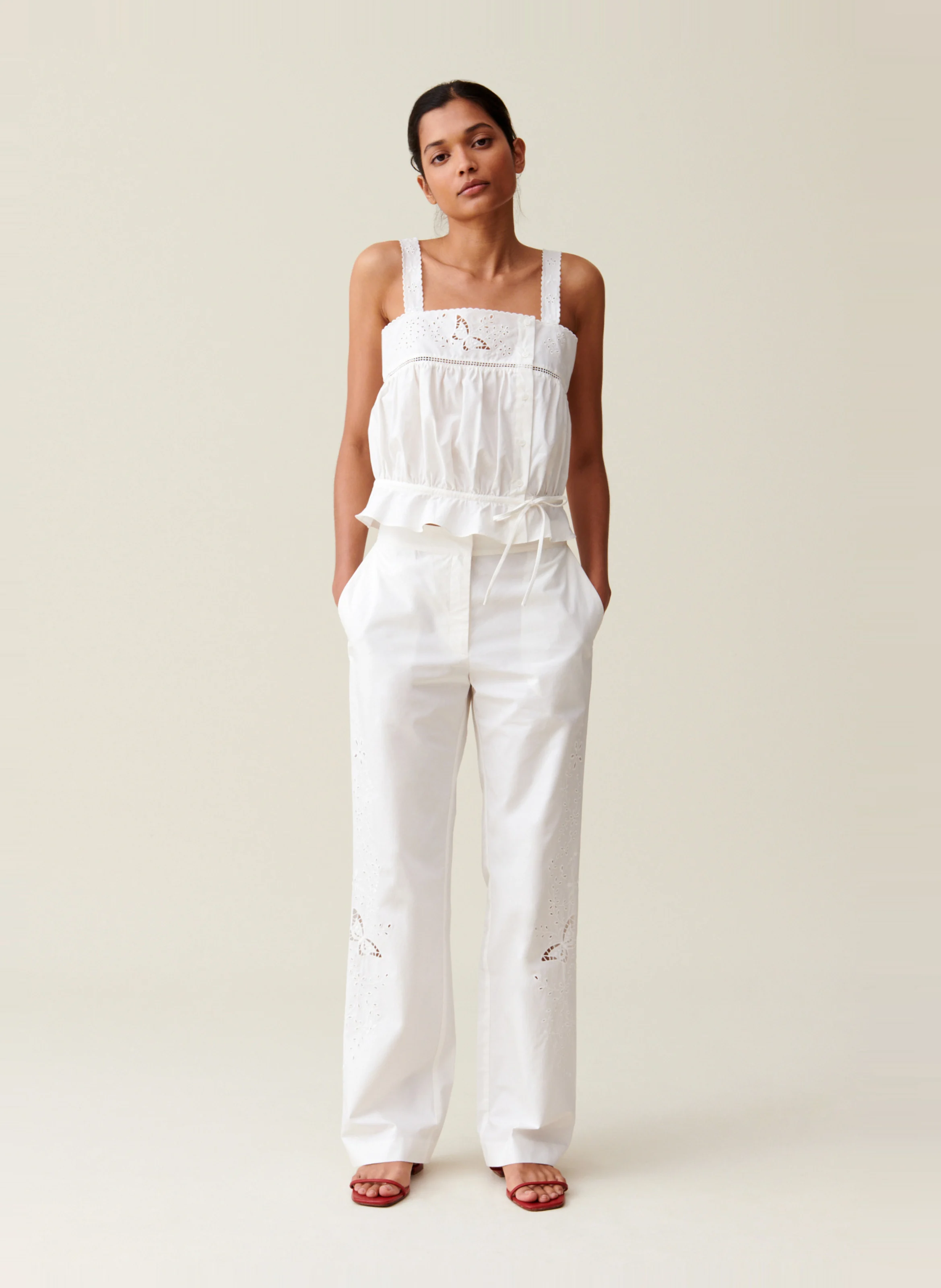 Pantalon droit brodé en coton | Blanc