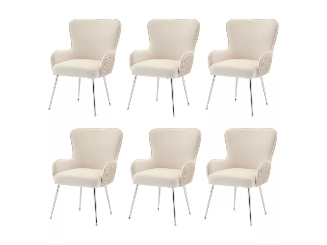 Lot de 6 chaises avec accoudoirs et pieds réglables, Velours et métal, soutien lombaire, Beige