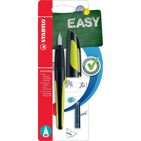 Schulfüller mit Standard-Feder M - STABILO EASYbuddy in schwarz/limette - Schreibfarbe blau (löschbar) - Einzelstift - inklusive Patrone