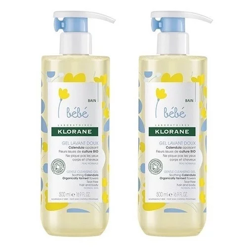 Klorane - Bébé - Gel lavant doux au Calendula apaisant Corps et cheveux - Peau normale 2 x 500 ml
