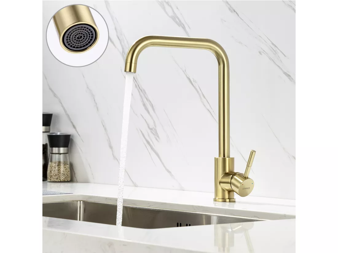 Robinet Cuisine Mitigeur Doré 7-Forme Bec Haut Rotatif 360°Robinetterie Monotrou Mélangeur de Cuisine Evier Robinetterie Mitigeur Eau et Froide
