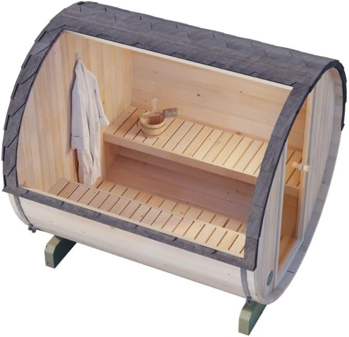 Fass-Sauna Mini S, 194 x 220 x 194 cm Gartensauna, Outdoor Sauna mit 42 mm Wandstärke, inkl. Montagematerial, Glastür aus Sicherheitsglas, 4 Personen, inkl. Dachschindeln, Außensauna