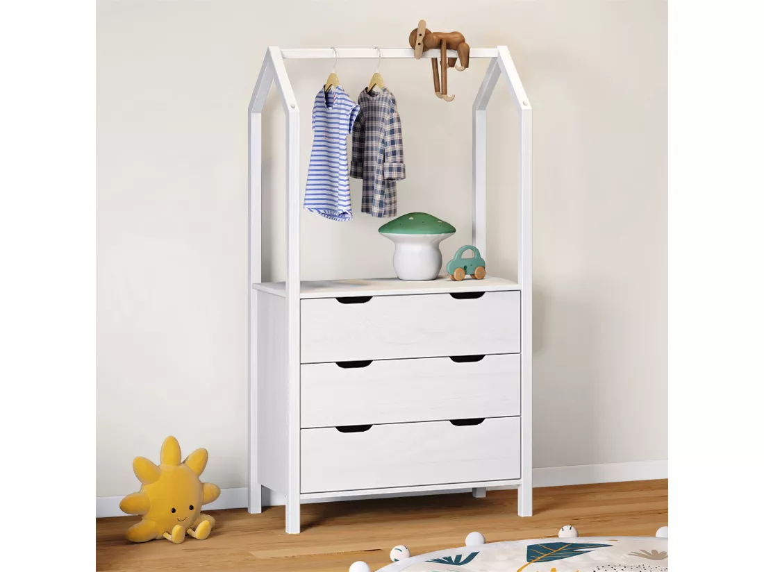 Commode enfant AMIRA H 152 cm en bois massif blanc type Montessori avec 3 tiroirs et 1 tringle meuble de rangement