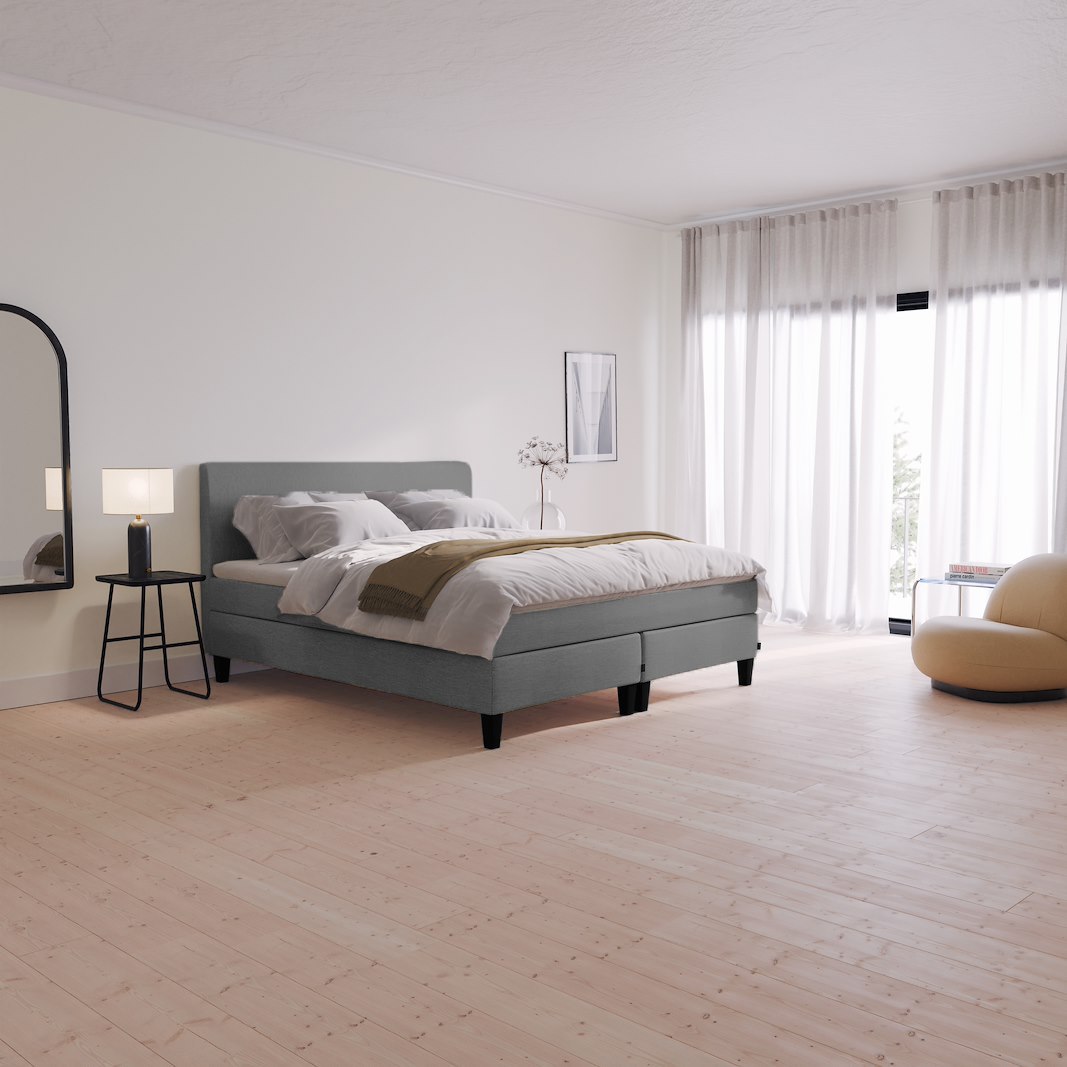 Glow jubileum kontinentalseng Tekstil 392 Grå, fast/fast, Sleep I overmadrass og kantet konet 14 cm sorte ben