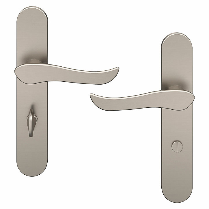 Ensemble poignée sur plaque rond à condamnation GoodHome Armel effet nickel satin gris L.130mm x l.42mm entraxe 165-195mm