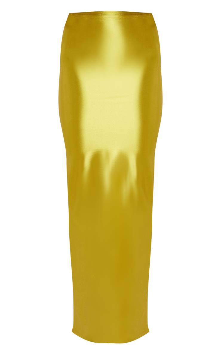 Vert Olive Jupe Longue En Satin Stretch Avec Fente Latérale