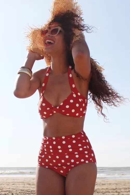 Esther Williams Klassieke Polka-bikinibroek in rood en wit