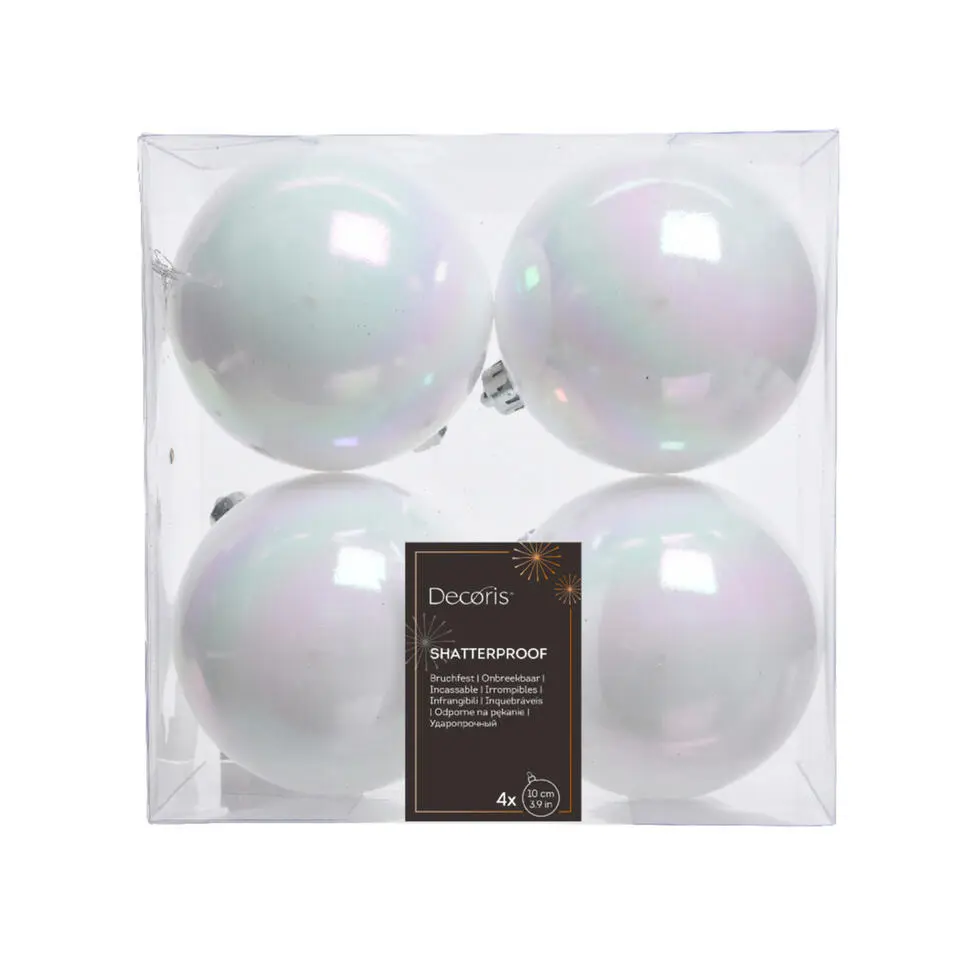 Decoris Kerstballen - 4x st - wit parelmoer - 10 cm - kunststof