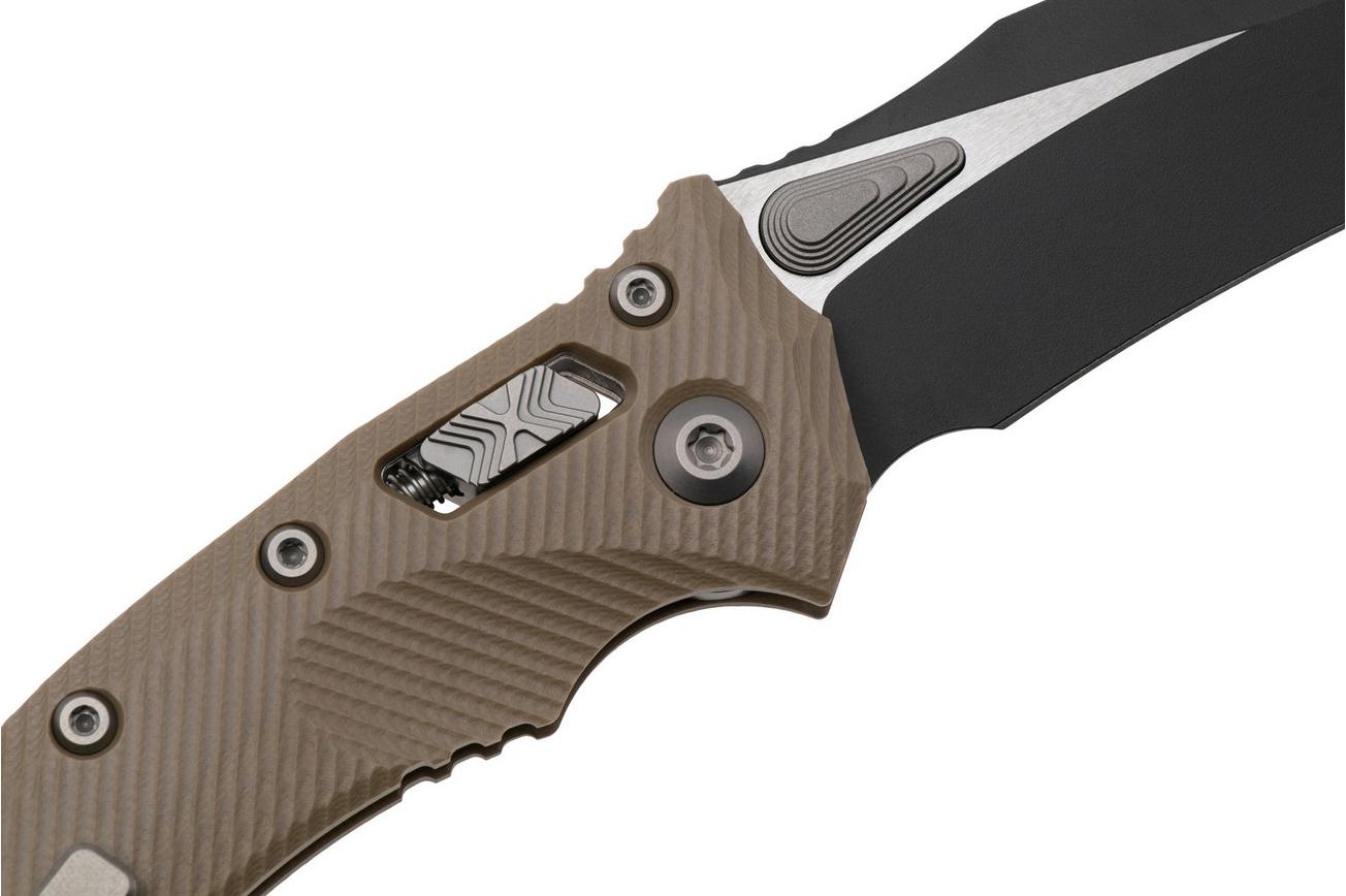 Microtech Amphibian 137RL-1FLGTTA, Two Tone Black M390MK, Fluted Tan G-10 zakmes