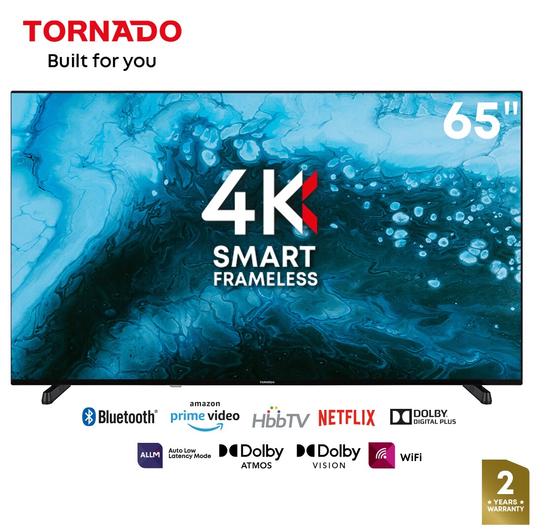 Tornado LINUX Smart TV 65 Zoll 4K Ultra HD, Rahmenlos, mit integriertem Receiver