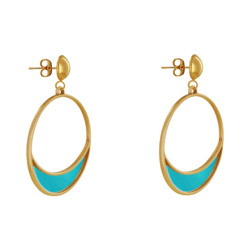 Boucles d'Oreilles Clous Métal Doré Cercle et Croissant de Lune Translucide Coloré