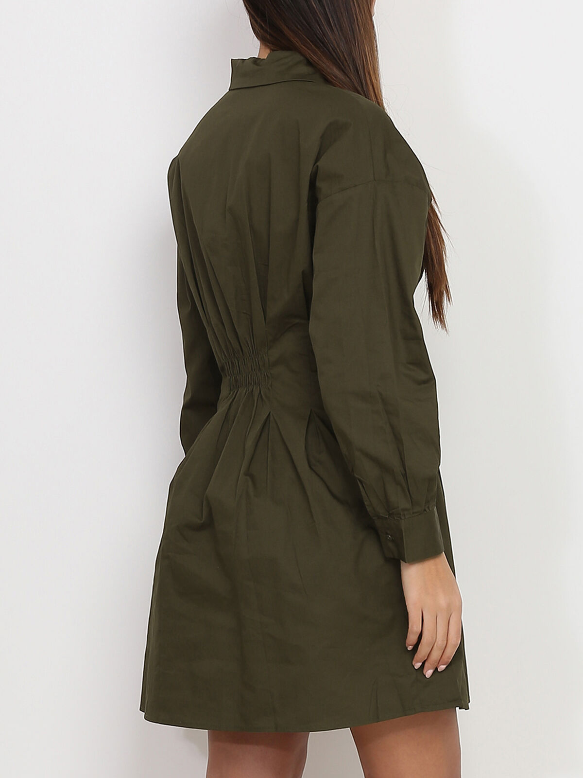Robe chemise plissée et évasée- Kaki
