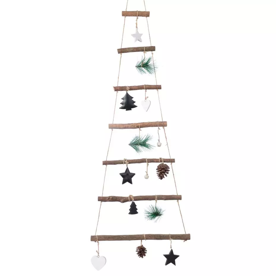 Sapin à suspendre en bois (H90 cm) Naturel Décoré