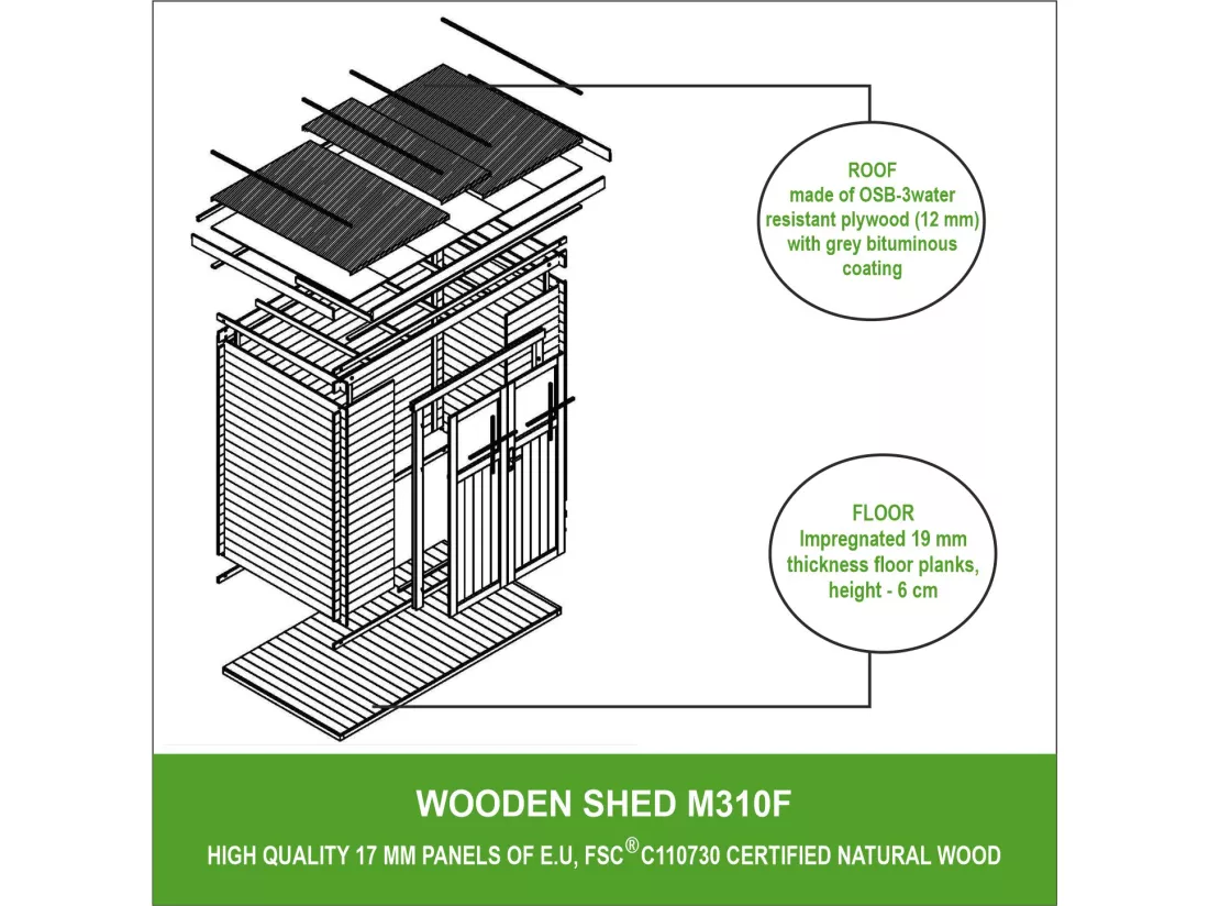 TIMBELA M310F+M310G Abri de jardin en bois AVEC SOL TRAITÉ - porte verrouillable de haute qualité- 2.63 m2